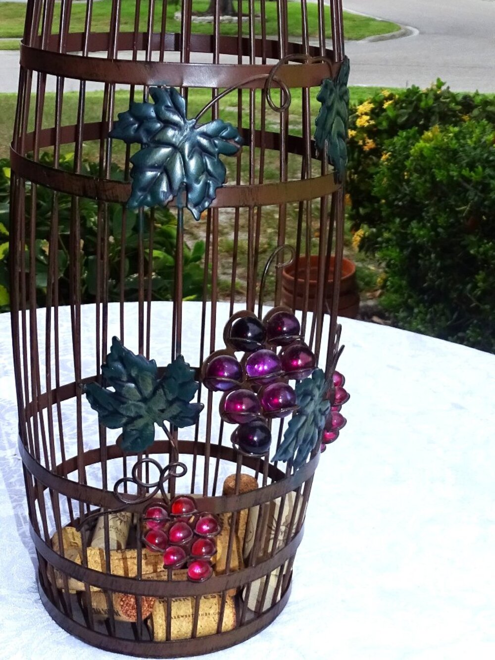 Tall Cork Cage Wine Barrel with Glass Grapes and Leaves